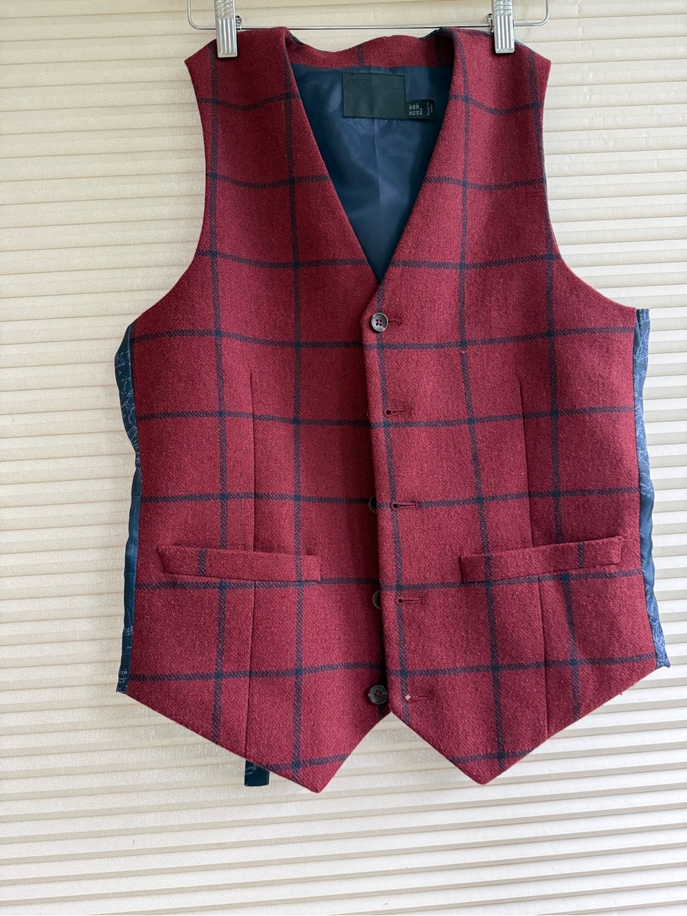 Asos Men Burgundy And Navy Plaid Suit Vest )Size 36